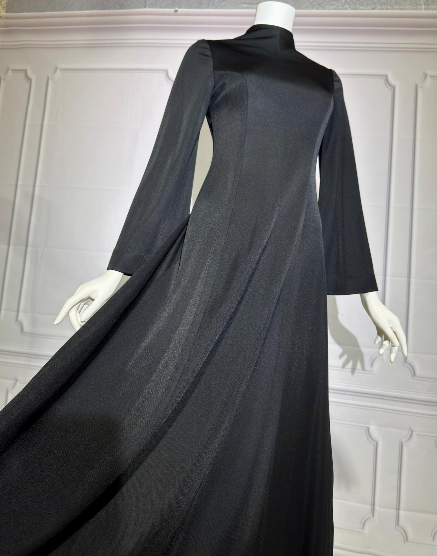 ESTEVEZ vintage 1970s evening gown, Eva Gabor Look Black high neck hostess gown dress
