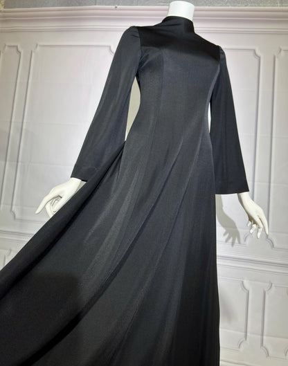 ESTEVEZ vintage 1970s evening gown, Eva Gabor Look Black high neck hostess gown dress