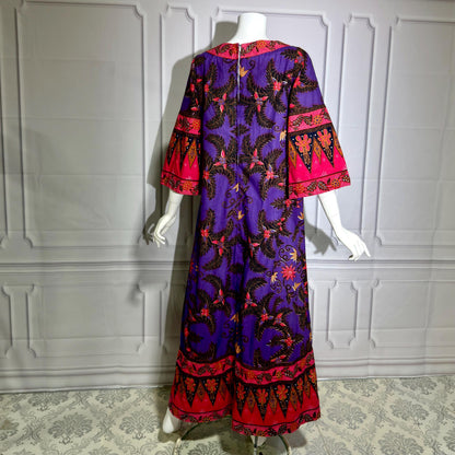 DESIGNS MALAYSIA Vintage 1960s Caftan Kaftan Dress, Purple Cotton Floral Maxi Dress