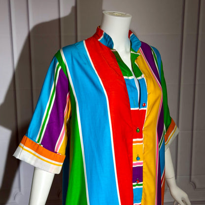 CATHERINE OGUST Vintage 1960s Caftan Kaftan Dress, Penthouse Gallery Striped Cotton Maxi Shirt Dress