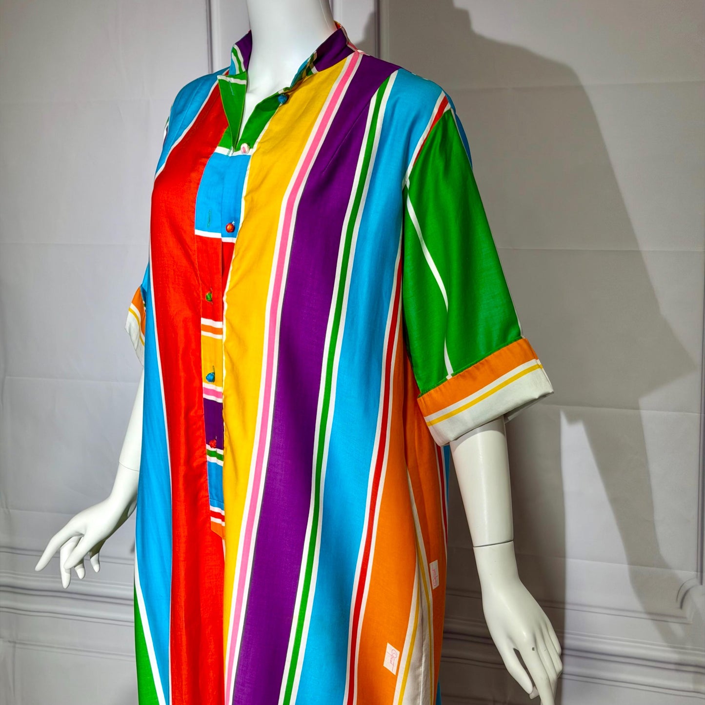 CATHERINE OGUST Vintage 1960s Caftan Kaftan Dress, Penthouse Gallery Striped Cotton Maxi Shirt Dress