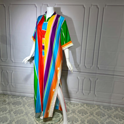 CATHERINE OGUST Vintage 1960s Caftan Kaftan Dress, Penthouse Gallery Striped Cotton Maxi Shirt Dress