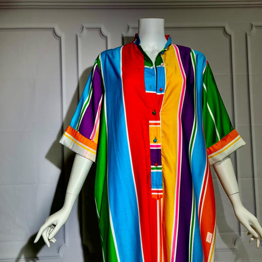 CATHERINE OGUST Vintage 1960s Caftan Kaftan Dress, Penthouse Gallery Striped Cotton Maxi Shirt Dress