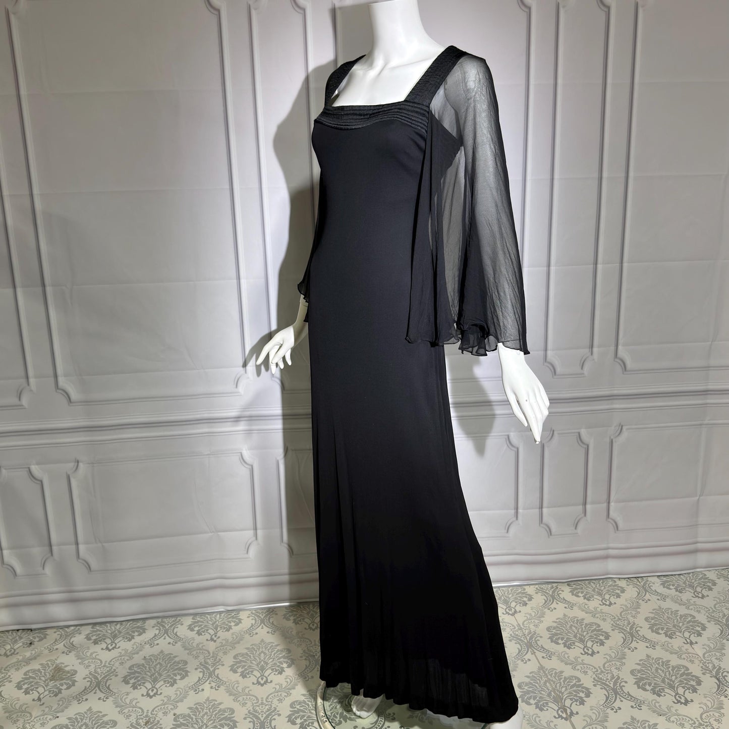 JILL RICHARDS Vintage 1970s evening gown dress, BONWIT TELLER Black Jersey Knit Gown