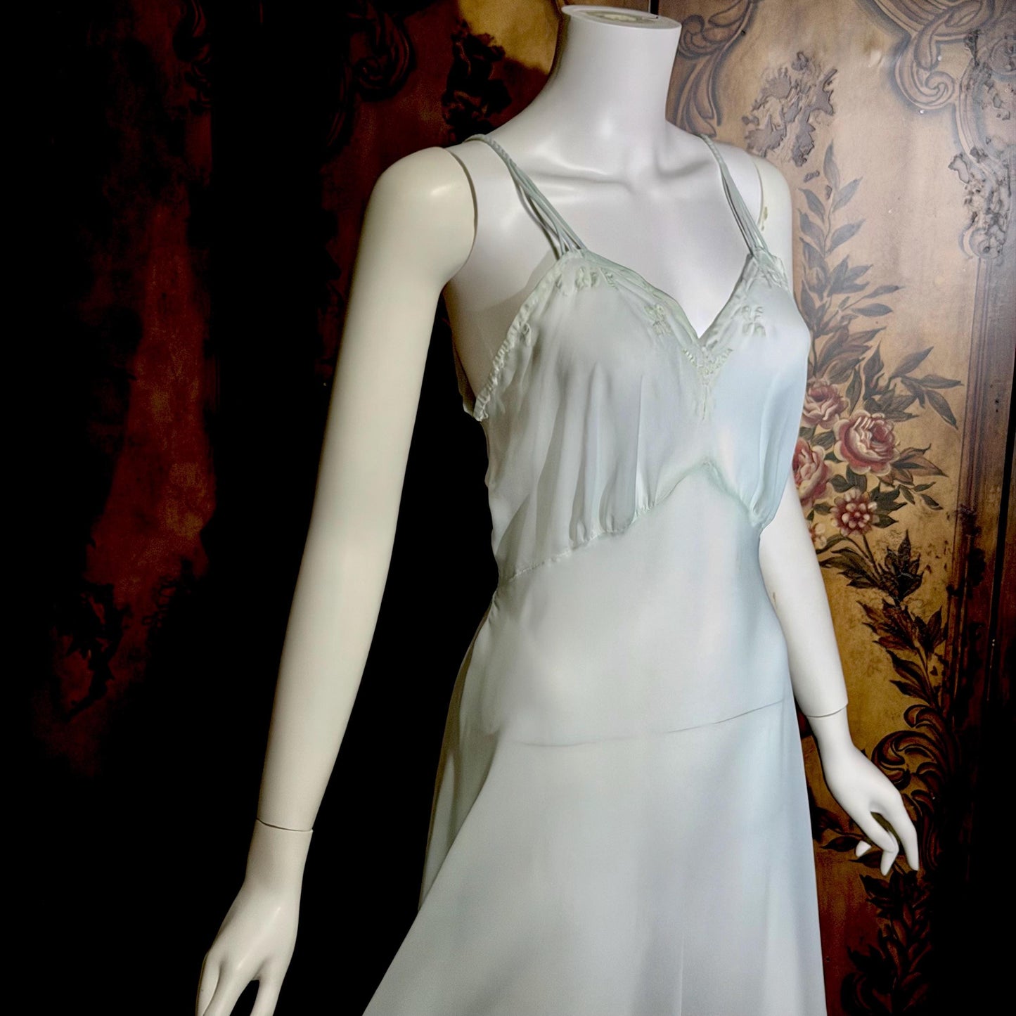 SAAB vintage 1940s nightgown slip dress, I.MAGNIN palest blue full length lingerie dress