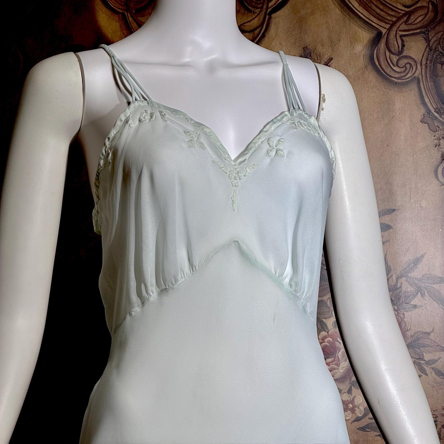 SAAB vintage 1940s nightgown slip dress, I.MAGNIN palest blue full length lingerie dress