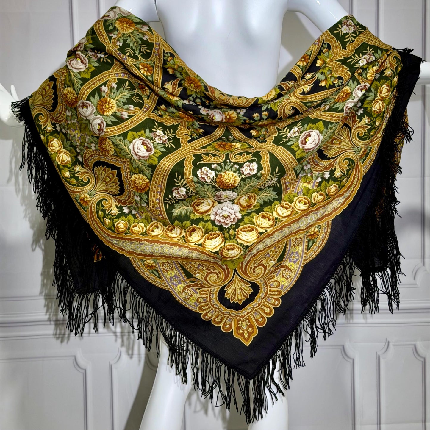 1980s vintage Babushka Shawl Wrap, HUGE 60 inches square floral wool challis scarf with fringe
