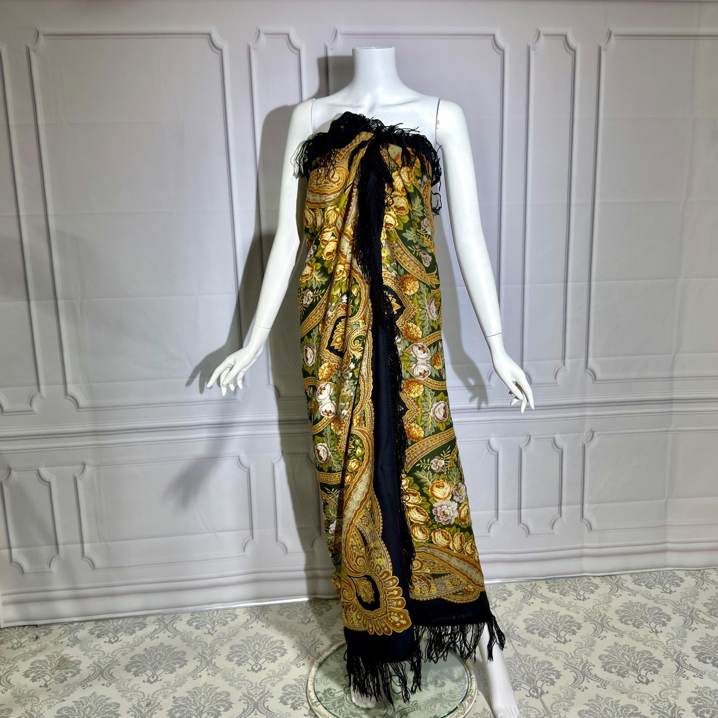 1980s vintage Babushka Shawl Wrap, HUGE 60 inches square floral wool challis scarf with fringe