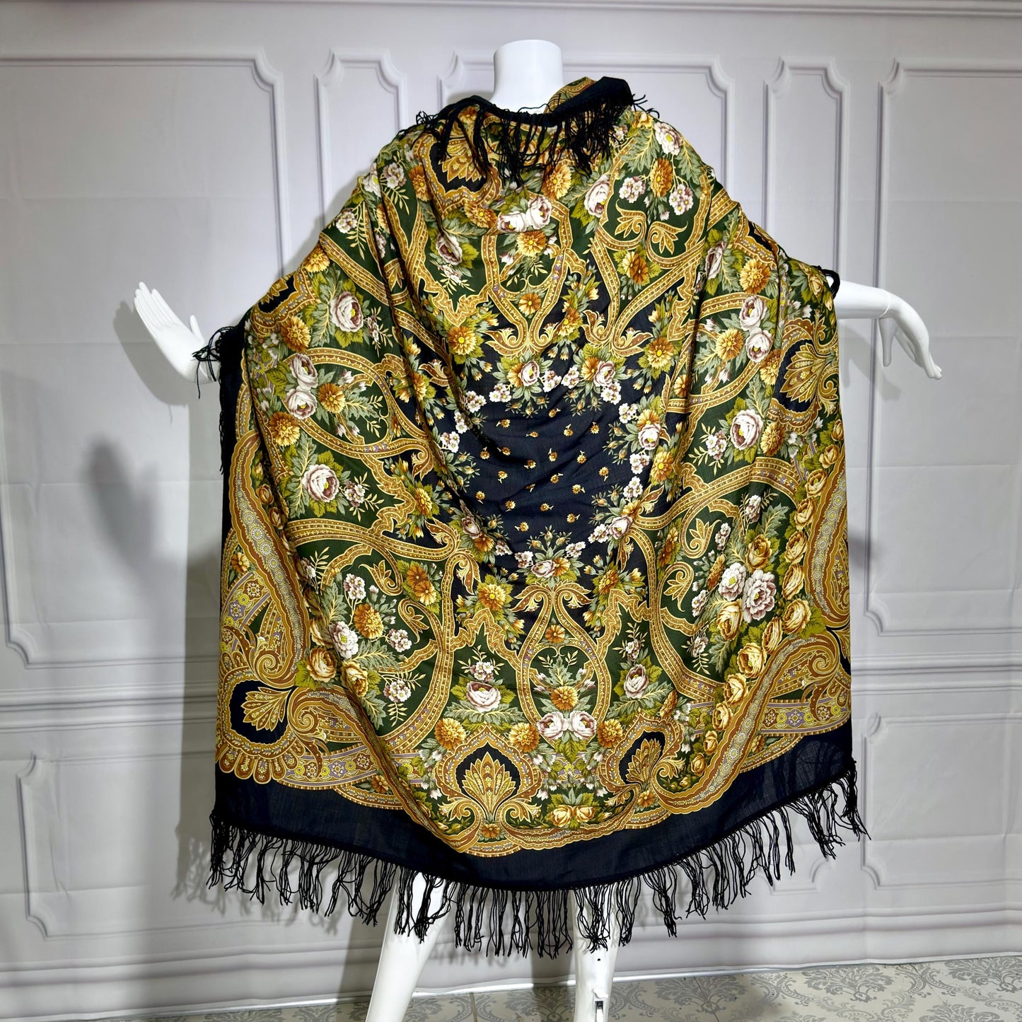 1980s vintage Babushka Shawl Wrap, HUGE 60 inches square floral wool challis scarf with fringe