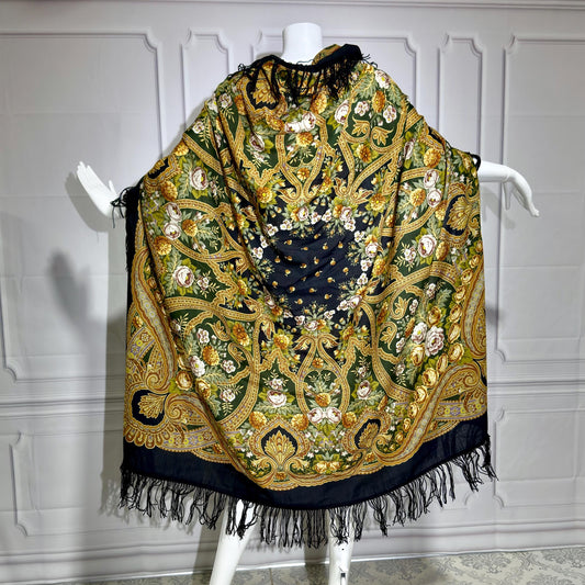 1980s vintage Babushka Shawl Wrap, HUGE 60 inches square floral wool challis scarf with fringe