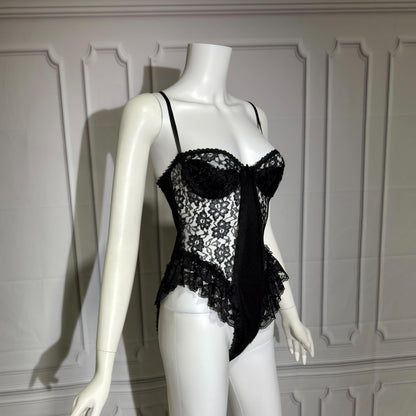 GIOVANNA vintage 1980s Lace Lingerie Teddy, black sheer lace teddy bodysuit