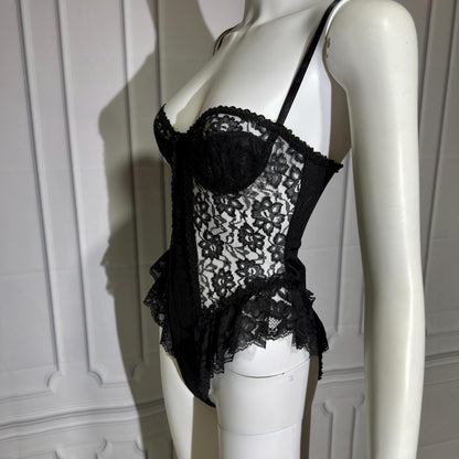 GIOVANNA vintage 1980s Lace Lingerie Teddy, black sheer lace teddy bodysuit