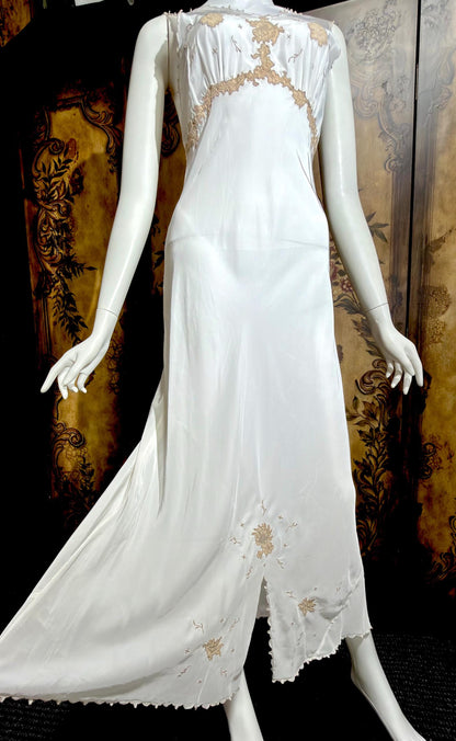 1930s vintage Nightgown slip dress, White lace & cutwork lingerie dress
