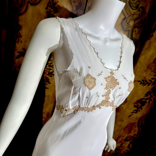 1930s vintage Nightgown slip dress, White lace & cutwork lingerie dress