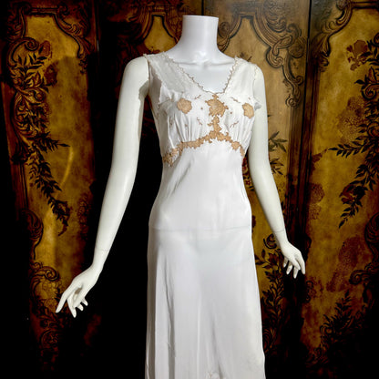 1930s vintage Nightgown slip dress, White lace & cutwork lingerie dress