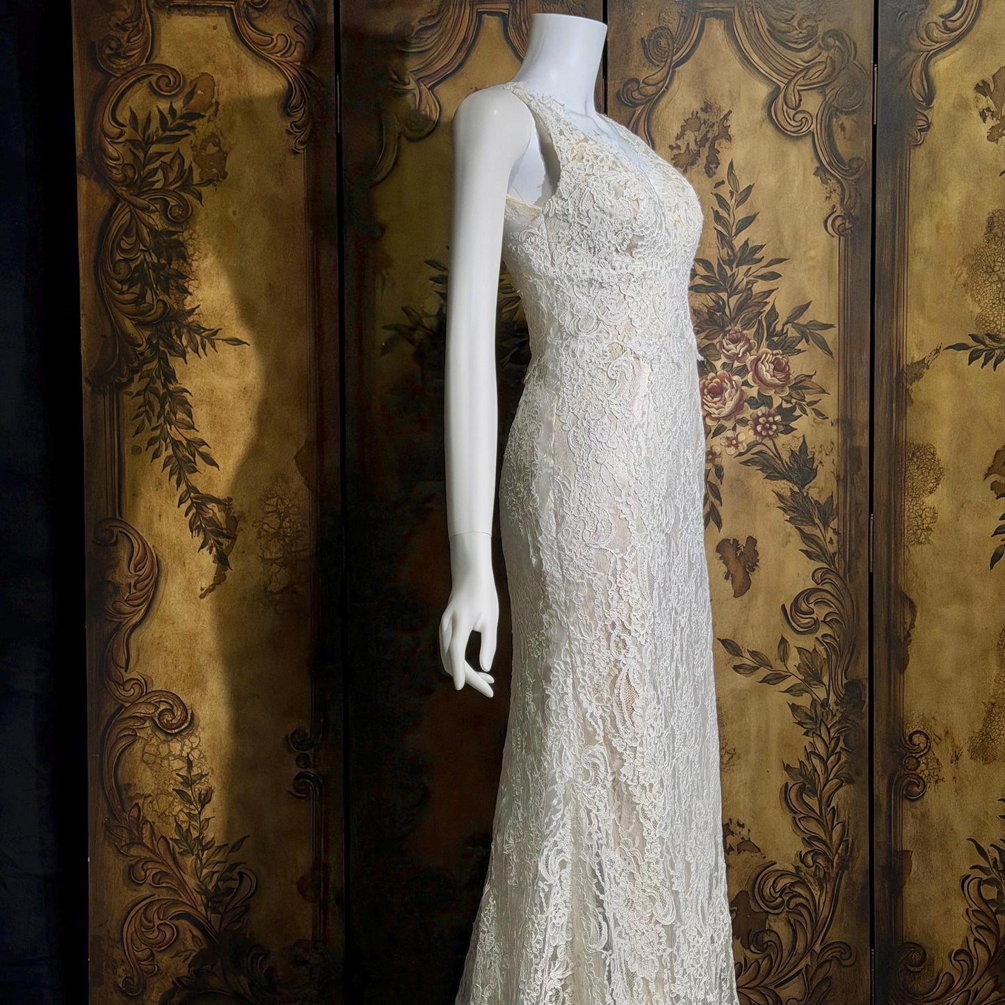 JIM HJELM vintage wedding dress gown, KLEINFELD 1990s white lace slip dress w train