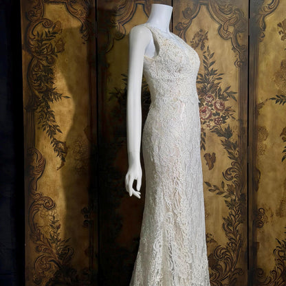 JIM HJELM vintage wedding dress gown, KLEINFELD 1990s white lace slip dress w train