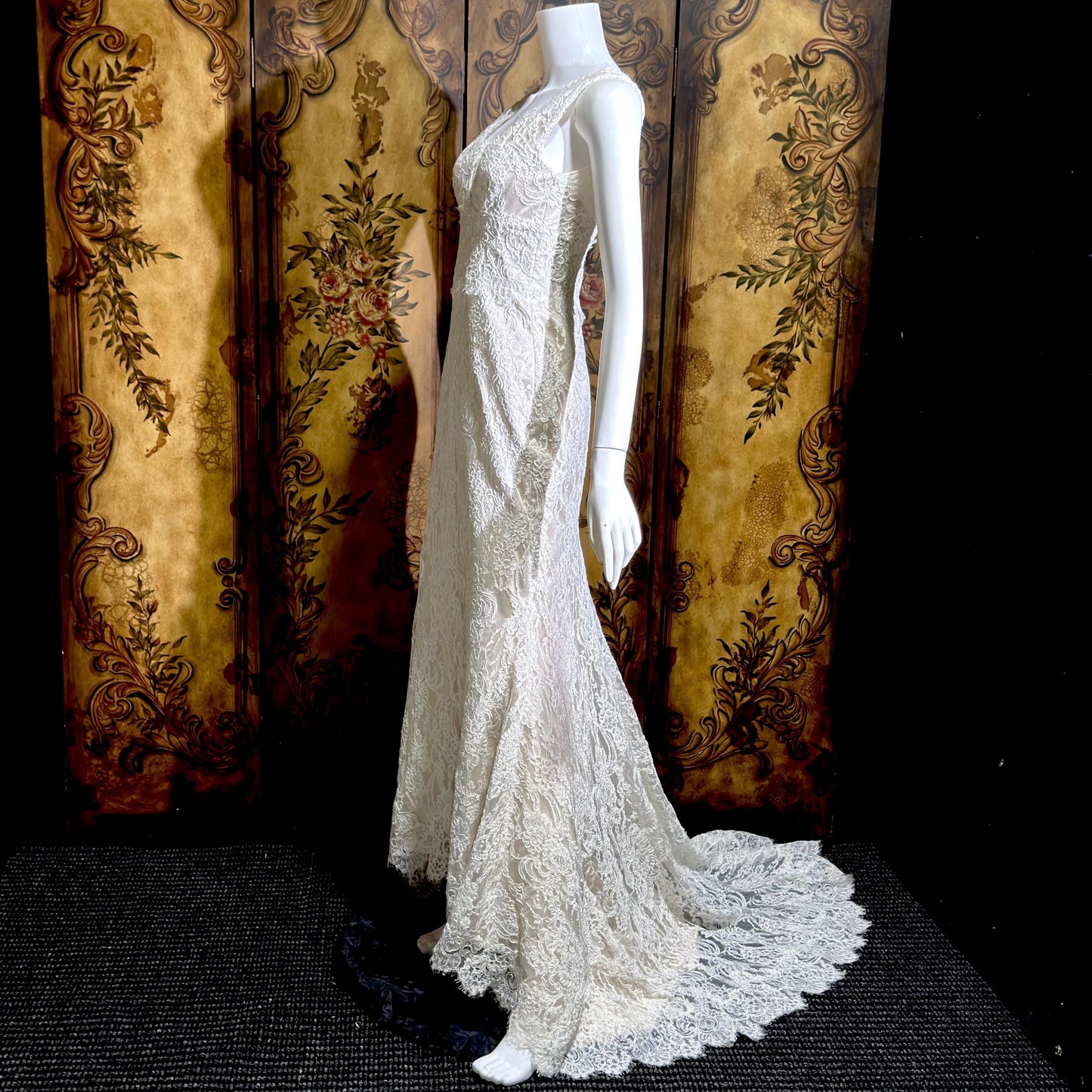 JIM HJELM vintage wedding dress gown, KLEINFELD 1990s white lace slip dress w train