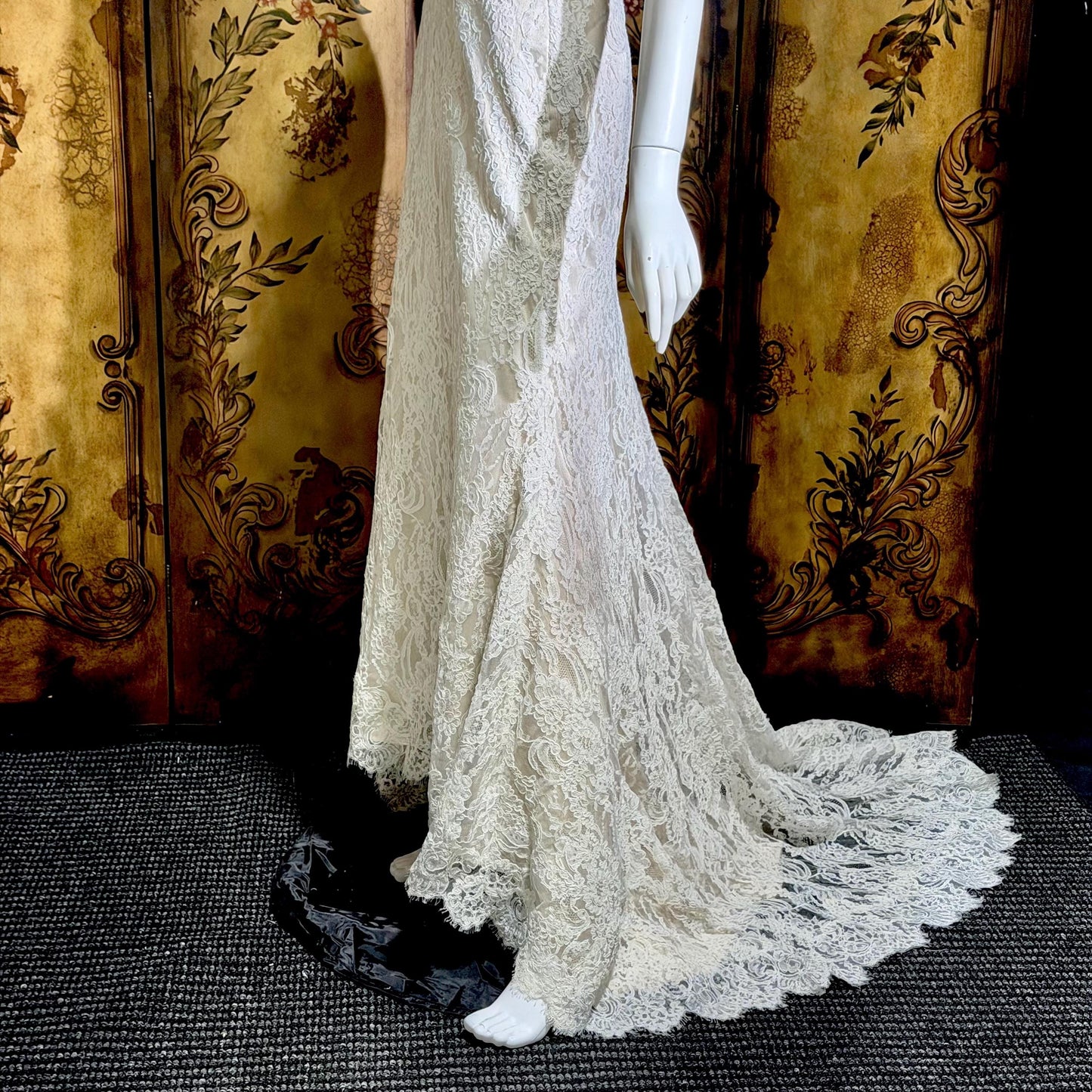 JIM HJELM vintage wedding dress gown, KLEINFELD 1990s white lace slip dress w train