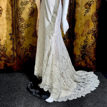 JIM HJELM vintage wedding dress gown, KLEINFELD 1990s white lace slip dress w train