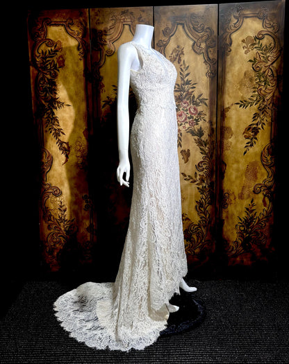 JIM HJELM vintage wedding dress gown, KLEINFELD 1990s white lace slip dress w train