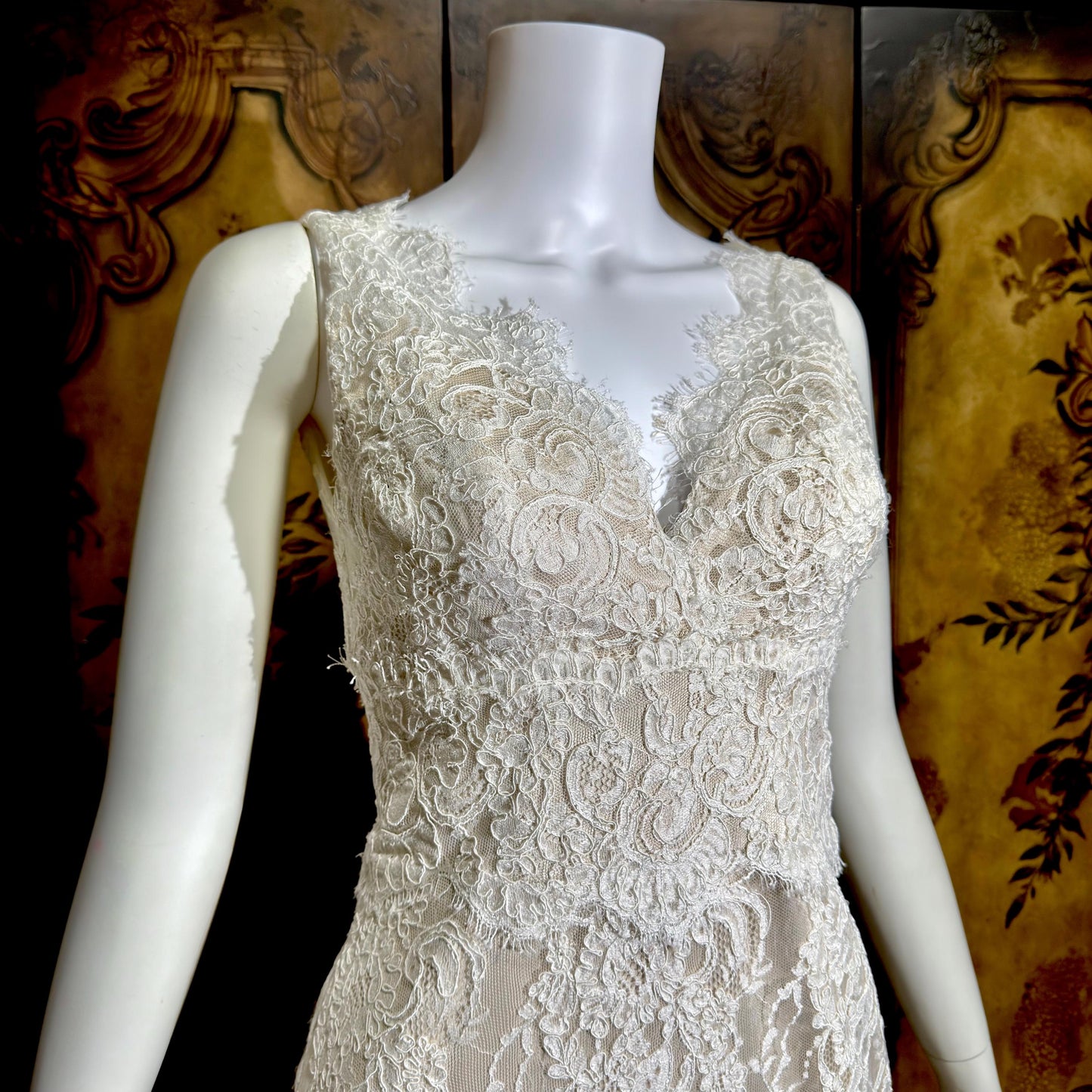 JIM HJELM vintage wedding dress gown, KLEINFELD 1990s white lace slip dress w train