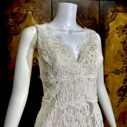 JIM HJELM vintage wedding dress gown, KLEINFELD 1990s white lace slip dress w train