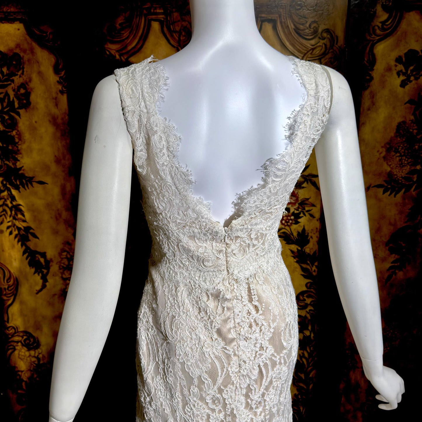 JIM HJELM vintage wedding dress gown, KLEINFELD 1990s white lace slip dress w train