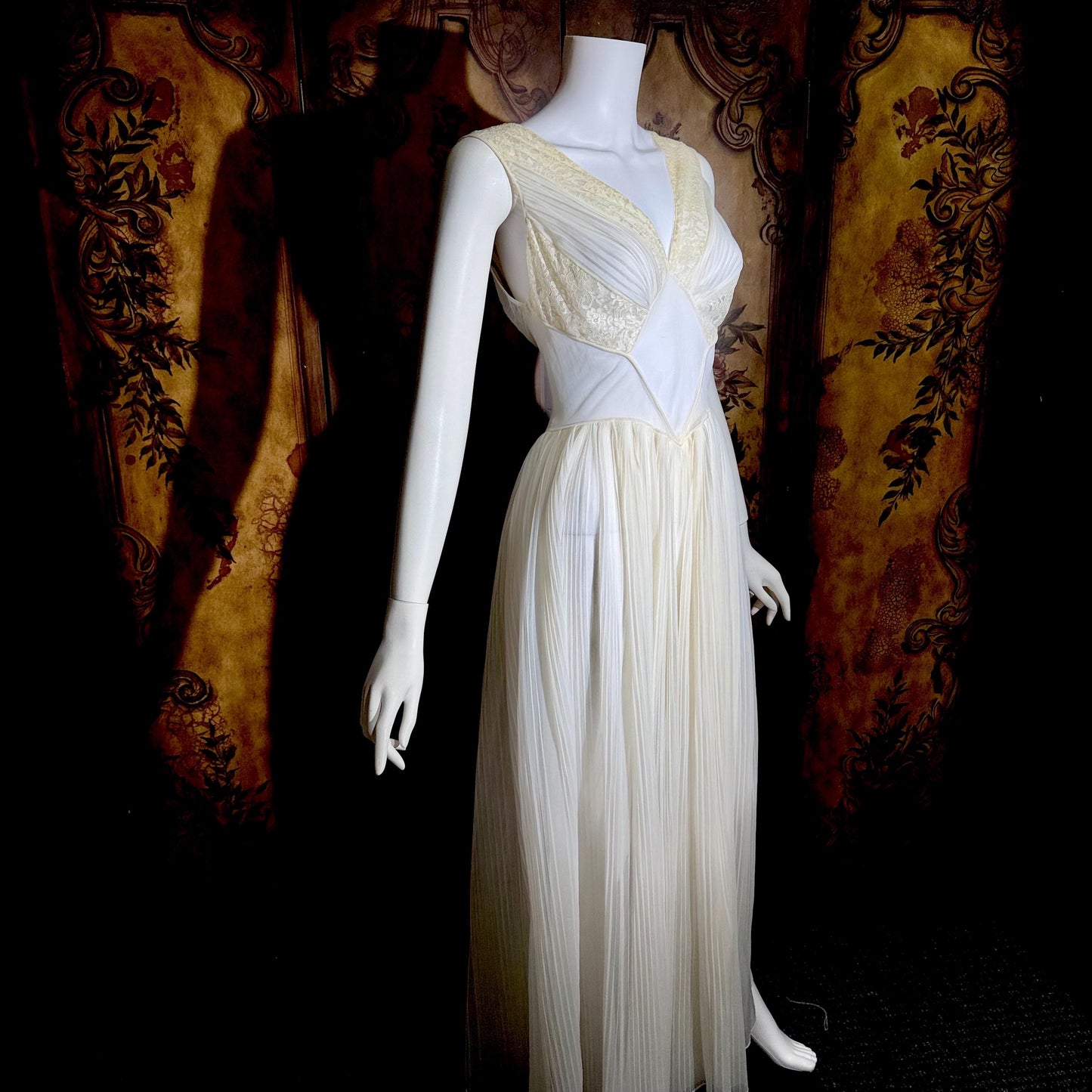 1950s vintage nightgown slip dress, White micro pleat nylon lingerie dress