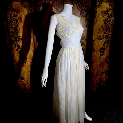 1950s vintage nightgown slip dress, White micro pleat nylon lingerie dress