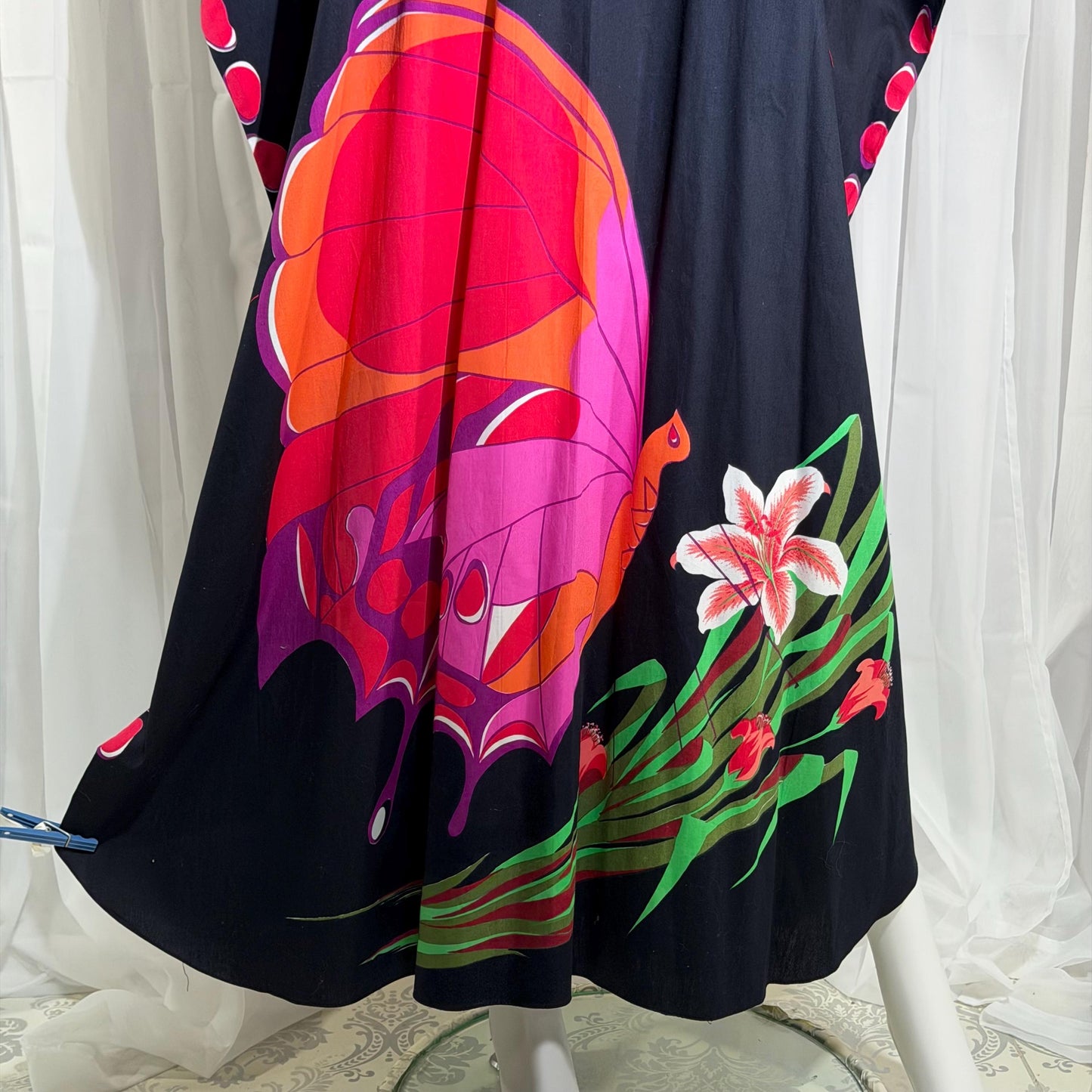 NEIMAN MARCUS vintage 1970s caftan, black cotton, hand screened in Thailand, Op Art butterfly