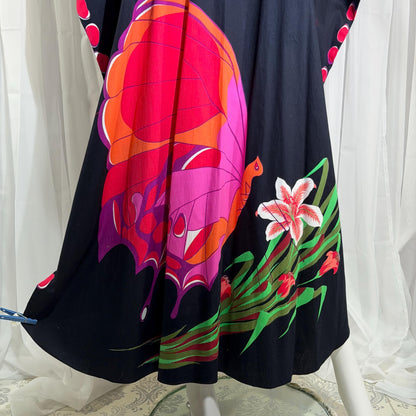 NEIMAN MARCUS vintage 1970s caftan, black cotton, hand screened in Thailand, Op Art butterfly