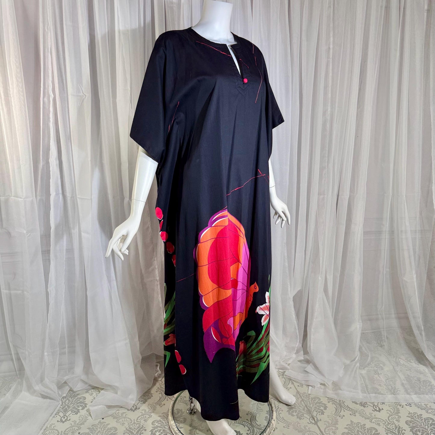 NEIMAN MARCUS vintage 1970s caftan, black cotton, hand screened in Thailand, Op Art butterfly