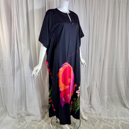 NEIMAN MARCUS vintage 1970s caftan, black cotton, hand screened in Thailand, Op Art butterfly