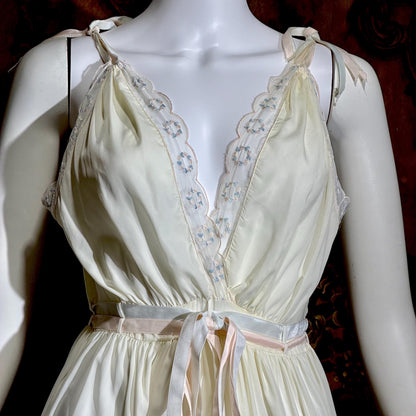 B ALTMAN vintage 1950s nightgown slip dress, Two Roses creamy white lingerie dress