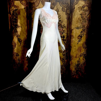 TROUSSEAU vintage 1940s nightgown slip dress, Bur Mil Rayon White Pink lingerie dress