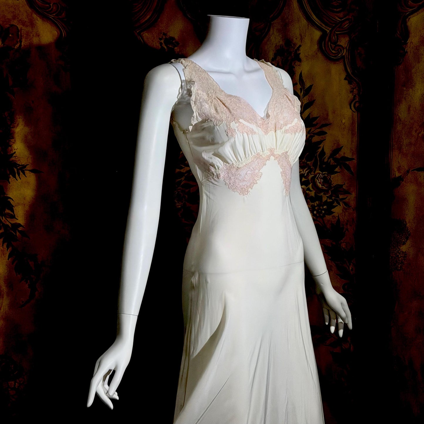 TROUSSEAU vintage 1940s nightgown slip dress, Bur Mil Rayon White Pink lingerie dress