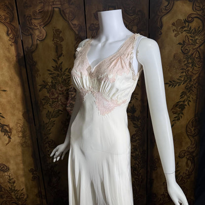 TROUSSEAU vintage 1940s nightgown slip dress, Bur Mil Rayon White Pink lingerie dress