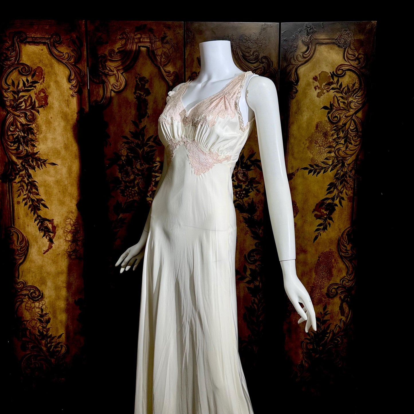 TROUSSEAU vintage 1940s nightgown slip dress, Bur Mil Rayon White Pink lingerie dress