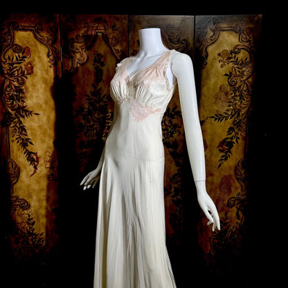 TROUSSEAU vintage 1940s nightgown slip dress, Bur Mil Rayon White Pink lingerie dress