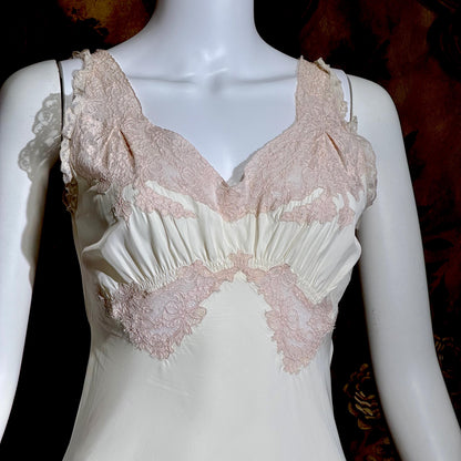 TROUSSEAU vintage 1940s nightgown slip dress, Bur Mil Rayon White Pink lingerie dress