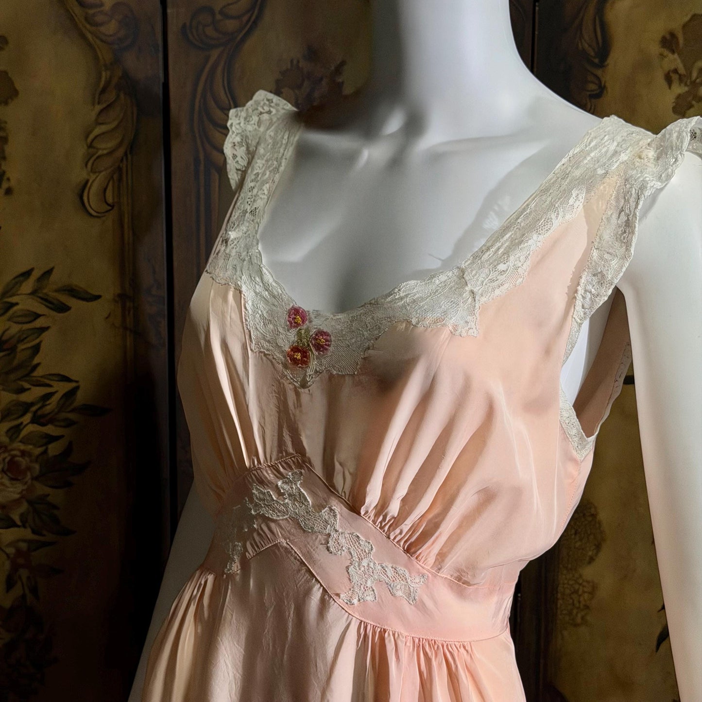 TROUSSEAU vintage 1940s nightgown slip dress, by Terris Rayon Pink lingerie dress