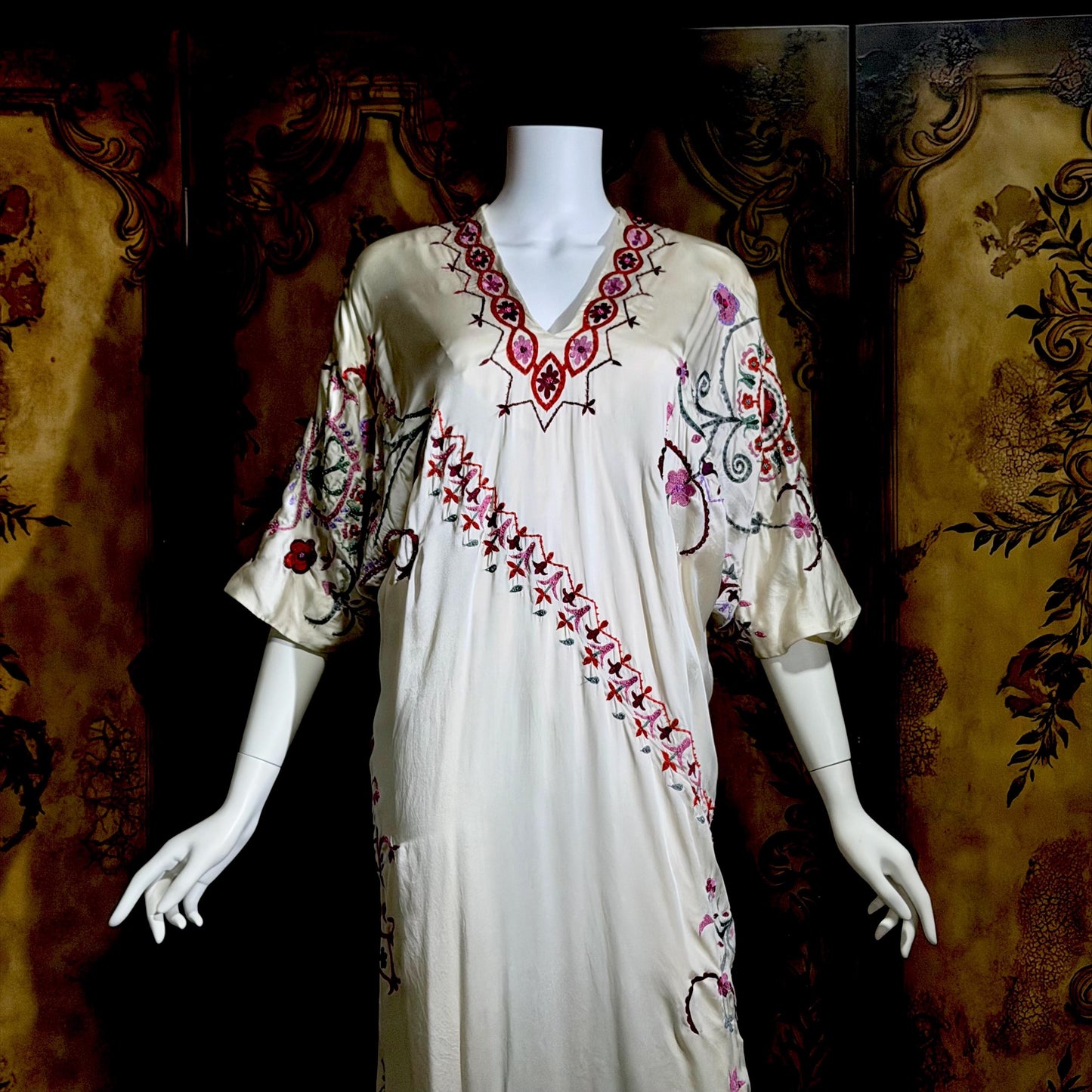 JOSIE NATORI COUTURE vintage Y2K Silk Caftan Dress, white silk embroidered shift dress
