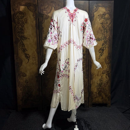 JOSIE NATORI COUTURE vintage Y2K Silk Caftan Dress, white silk embroidered shift dress