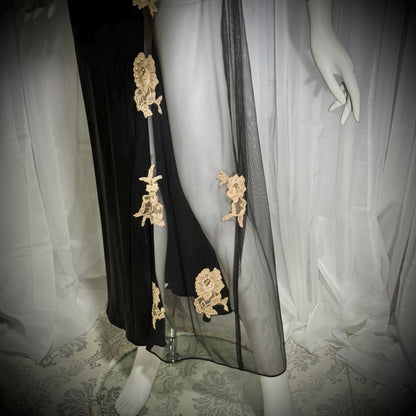 JACALYN BENNETT vintage silk nightgown slip dress, FREDERICKS 1990s black silk and sheer mesh lingerie dress