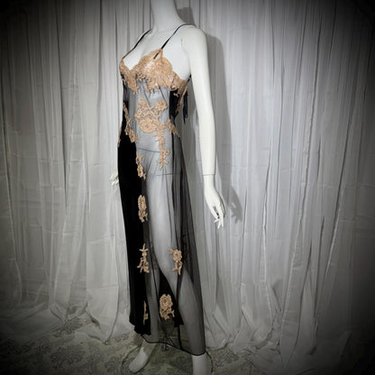 JACALYN BENNETT vintage silk nightgown slip dress, FREDERICKS 1990s black silk and sheer mesh lingerie dress