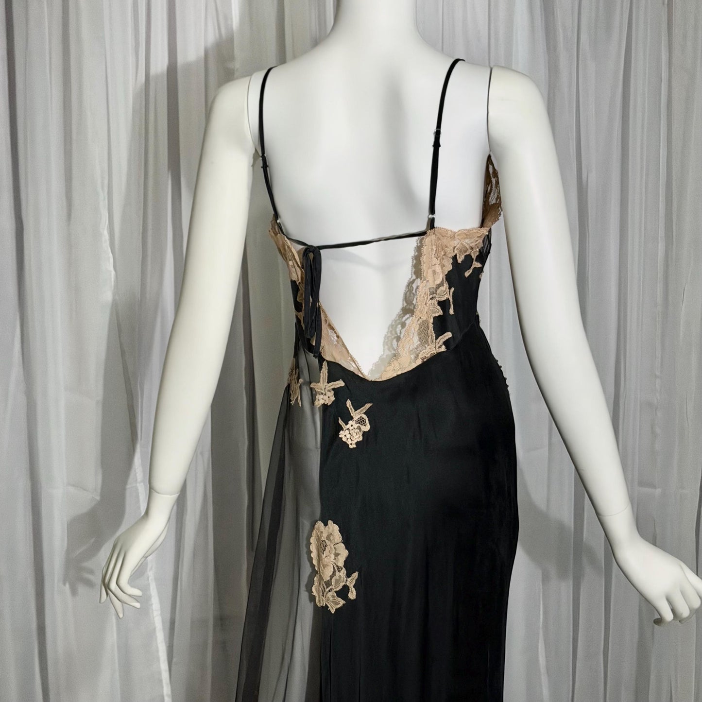 JACALYN BENNETT vintage silk nightgown slip dress, FREDERICKS 1990s black silk and sheer mesh lingerie dress