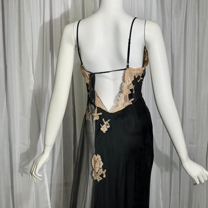 JACALYN BENNETT vintage silk nightgown slip dress, FREDERICKS 1990s black silk and sheer mesh lingerie dress