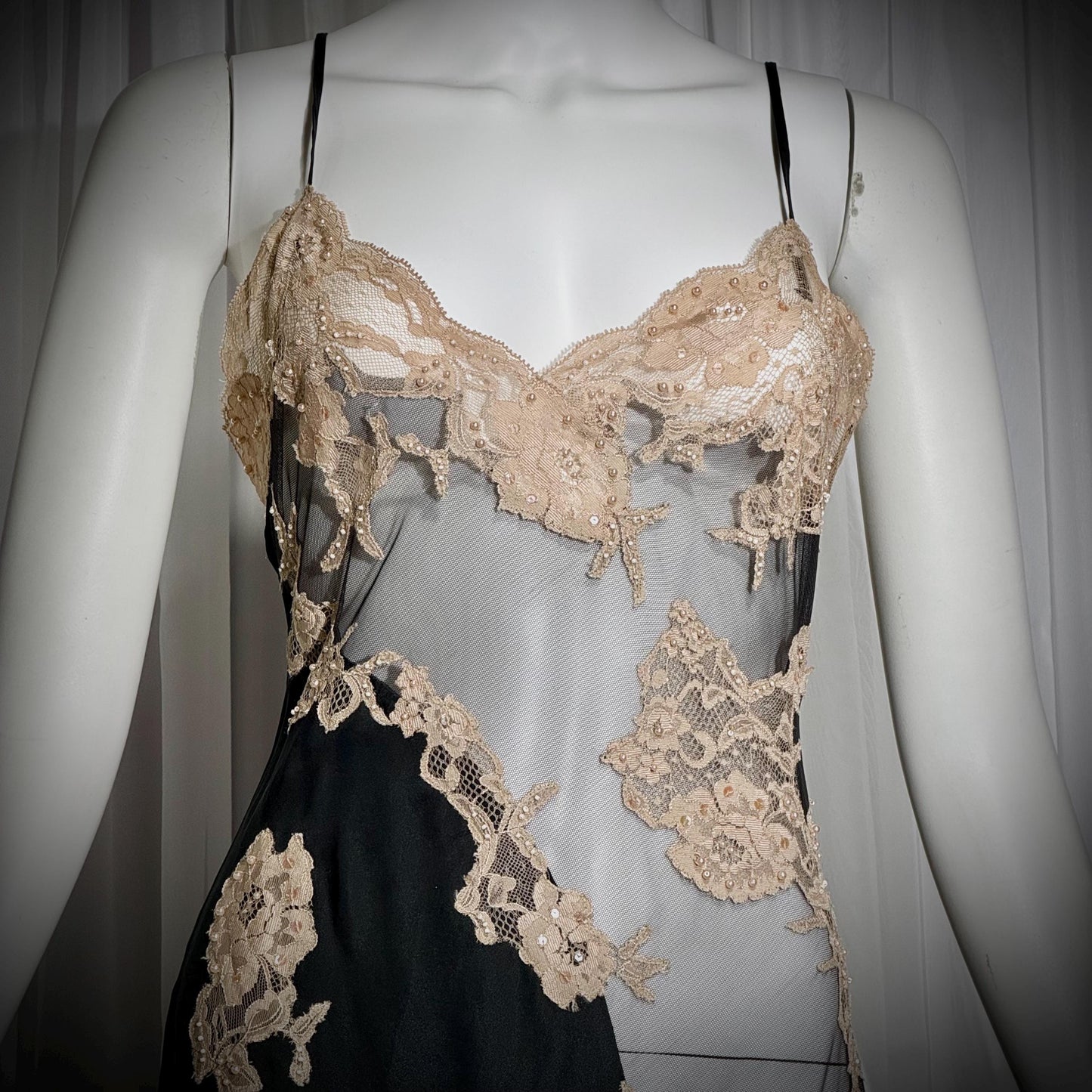 JACALYN BENNETT vintage silk nightgown slip dress, FREDERICKS 1990s black silk and sheer mesh lingerie dress