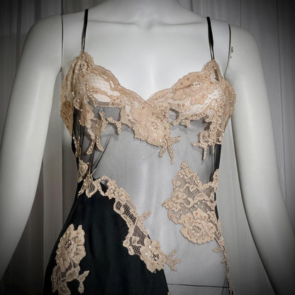 JACALYN BENNETT vintage silk nightgown slip dress, FREDERICKS 1990s black silk and sheer mesh lingerie dress